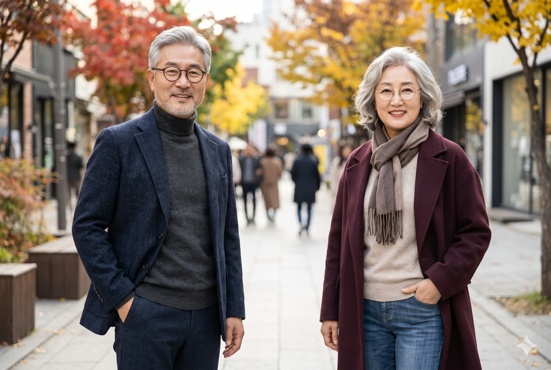 단풍과 은행잎이 물든 거리에서 웃고 있는 노부부